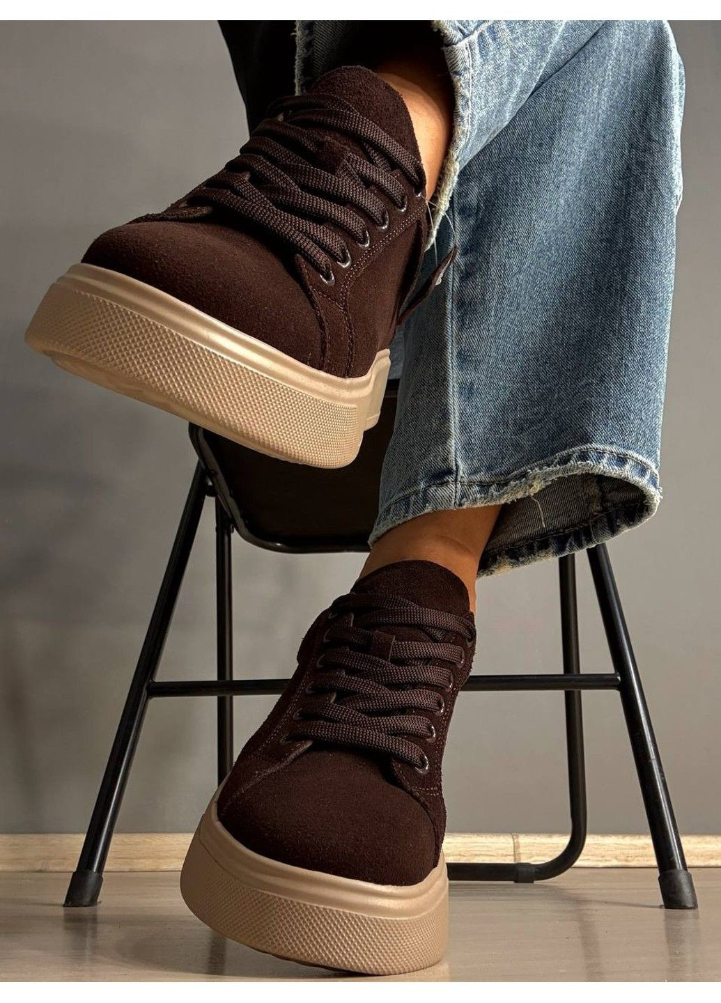 Коричневые кеды женские 85-12 натуральный замш на платформе коричневые Hengji