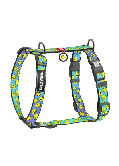 Шлея для собак Nylon анатомічна H-подібна з QR-паспортом "Смайли на блакитному" пластиковий фастекс, XL (346-0182) WAUDOG Nylon анатомічна H-подібна з QR-паспортом "Смайли (366698296)