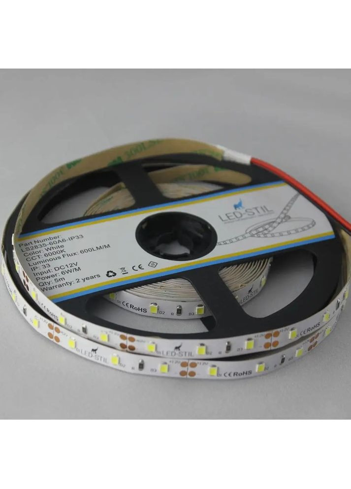 LED стрічка 6000K, 6 Вт/м, 2835, 60 діодів, IP33, 12V, 500 LM, холодне світло Led-Stil (371777729)