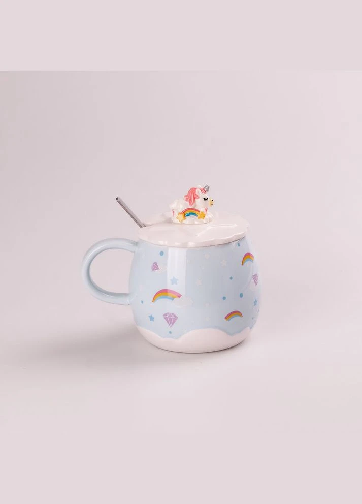 Чашка керамическая Rainbow Ceramic Mug 400ml с крышкой и ложкой HPCY8278BL Happy Life (316589807)