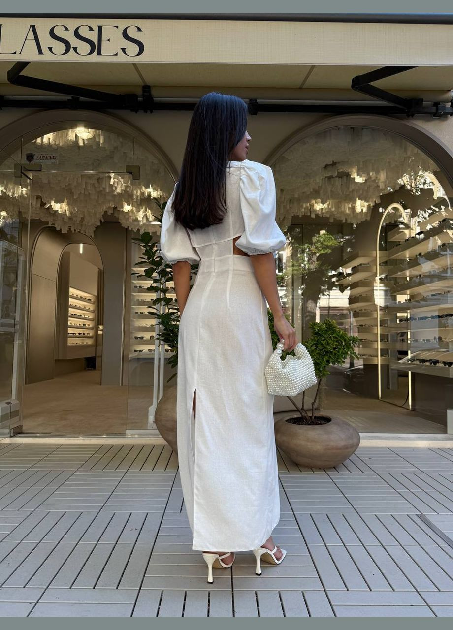 Молочна довга лляна сукня молочного кольору 33776 а-силует No Brand однотонна