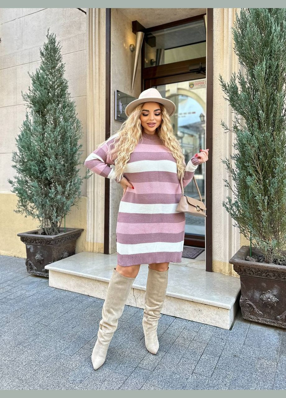 Пудрова в'язане плаття в смужку пудрового кольору 29892 сукня светр No Brand в смужку