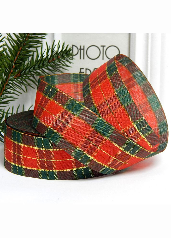 Стрічка Шотландка з люрексом, картата, 4 см, червоно-зелена No Brand (340484246)