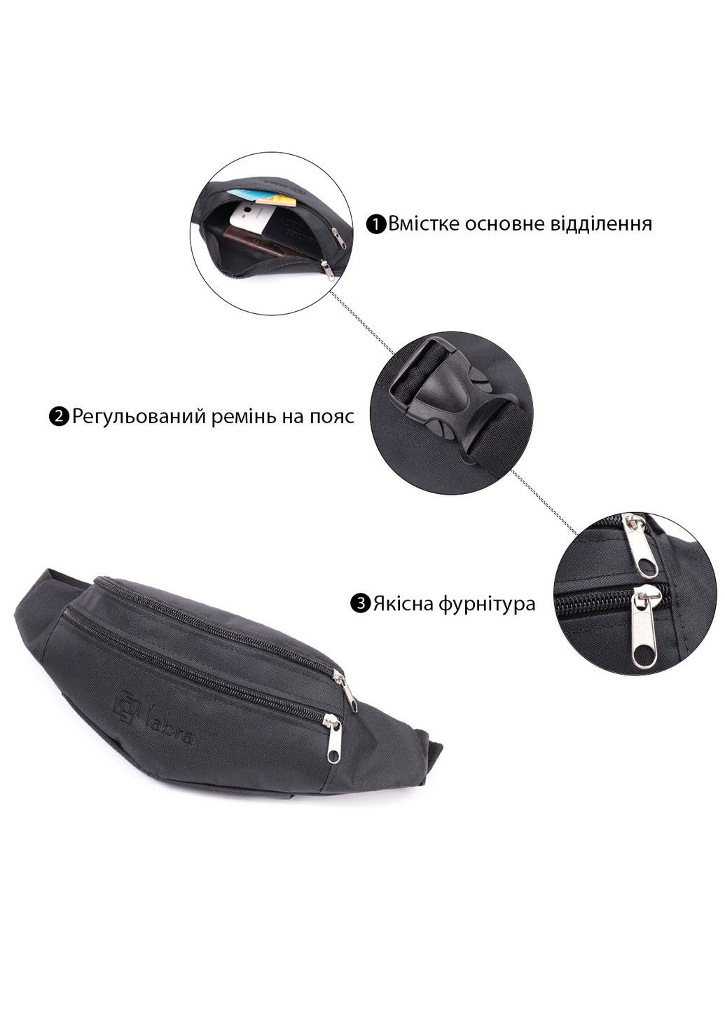 Універсальна сумка на пояс з якісного поліестеру 22580 Чорний FABRA (292920557)