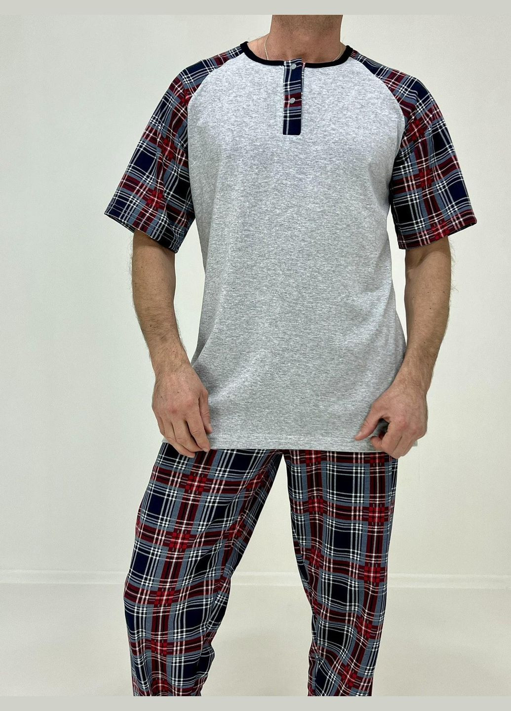 Піжама чоловіча Denis футболка + штани в клітинку 58-60 Сіра 51654387-3 Triko (276708878)