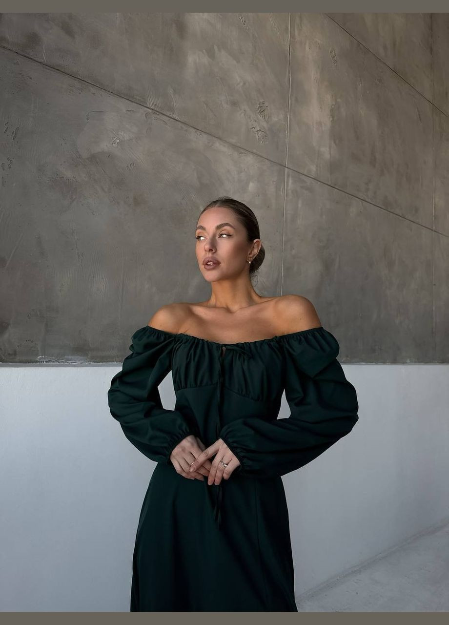 Темно-зеленое кэжуал легкое платье с рукавами фонариками Adelante однотонное