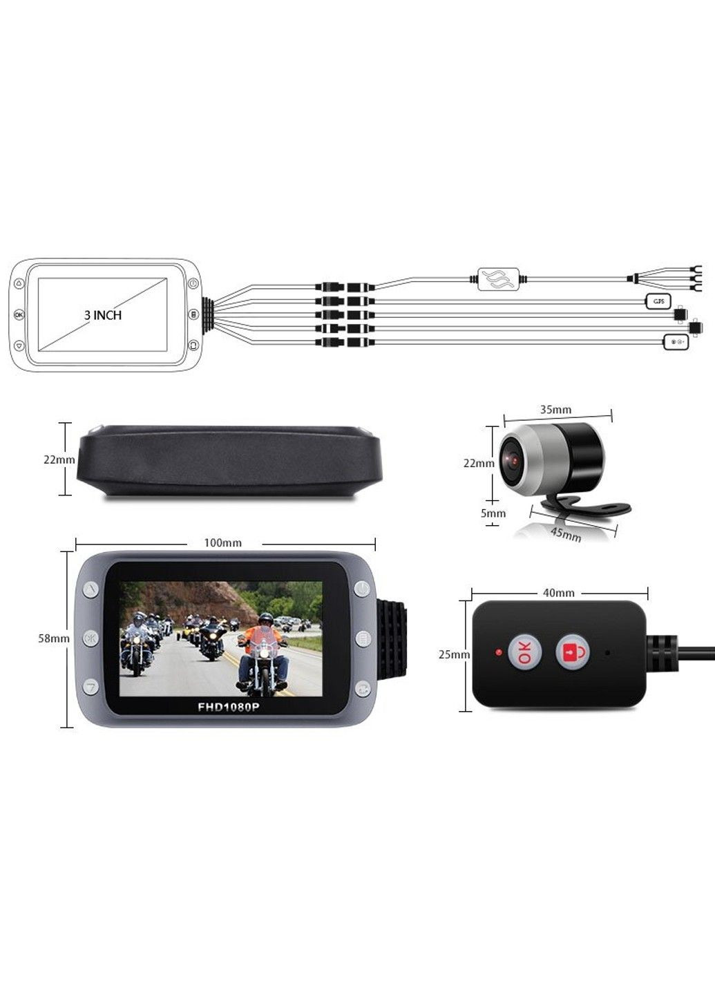 Видеорегистратор для мотоцикла профессиональный LCD 3” M20, 2 камеры 2x1080p 140, IMX323, GPS, WiFi MStar (293510791)