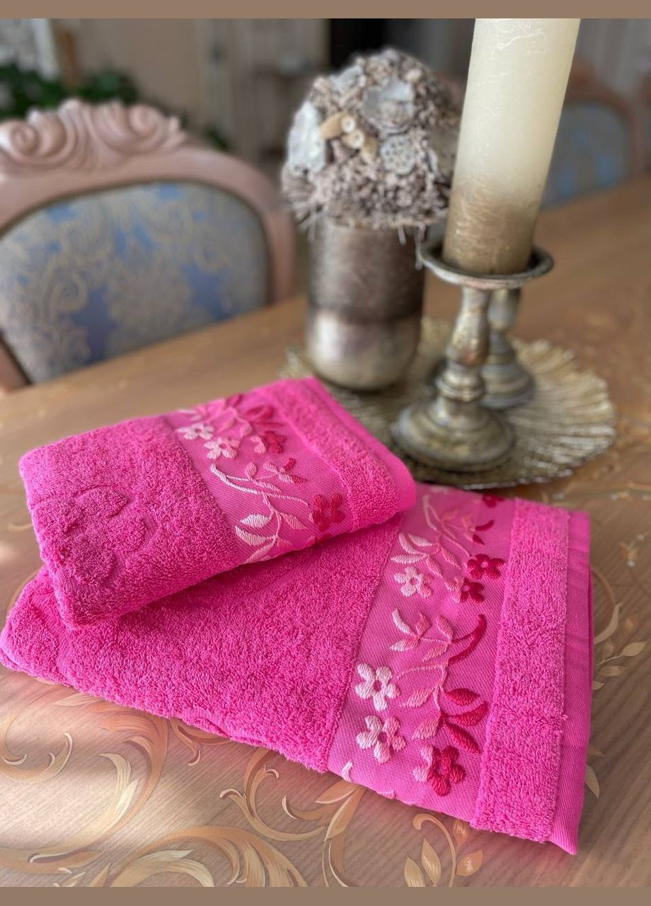 Катруся полотенце махровое 50х90 гладкокрашенное жаккардовое бордюр цветочная поляна однотонный розовый производство - Украина