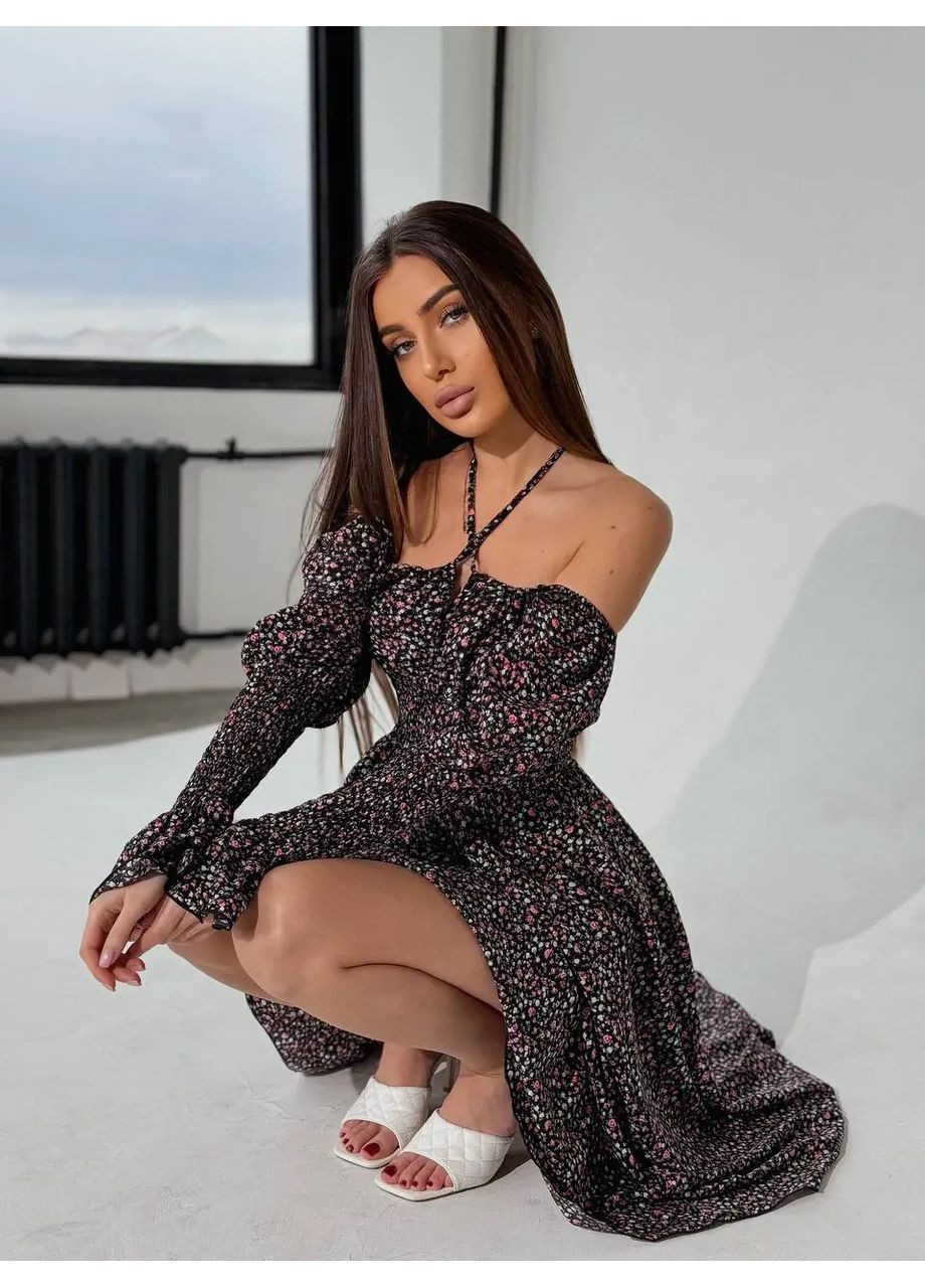 Чорна cукня міді з принтом біла квітка на зеленому No Brand