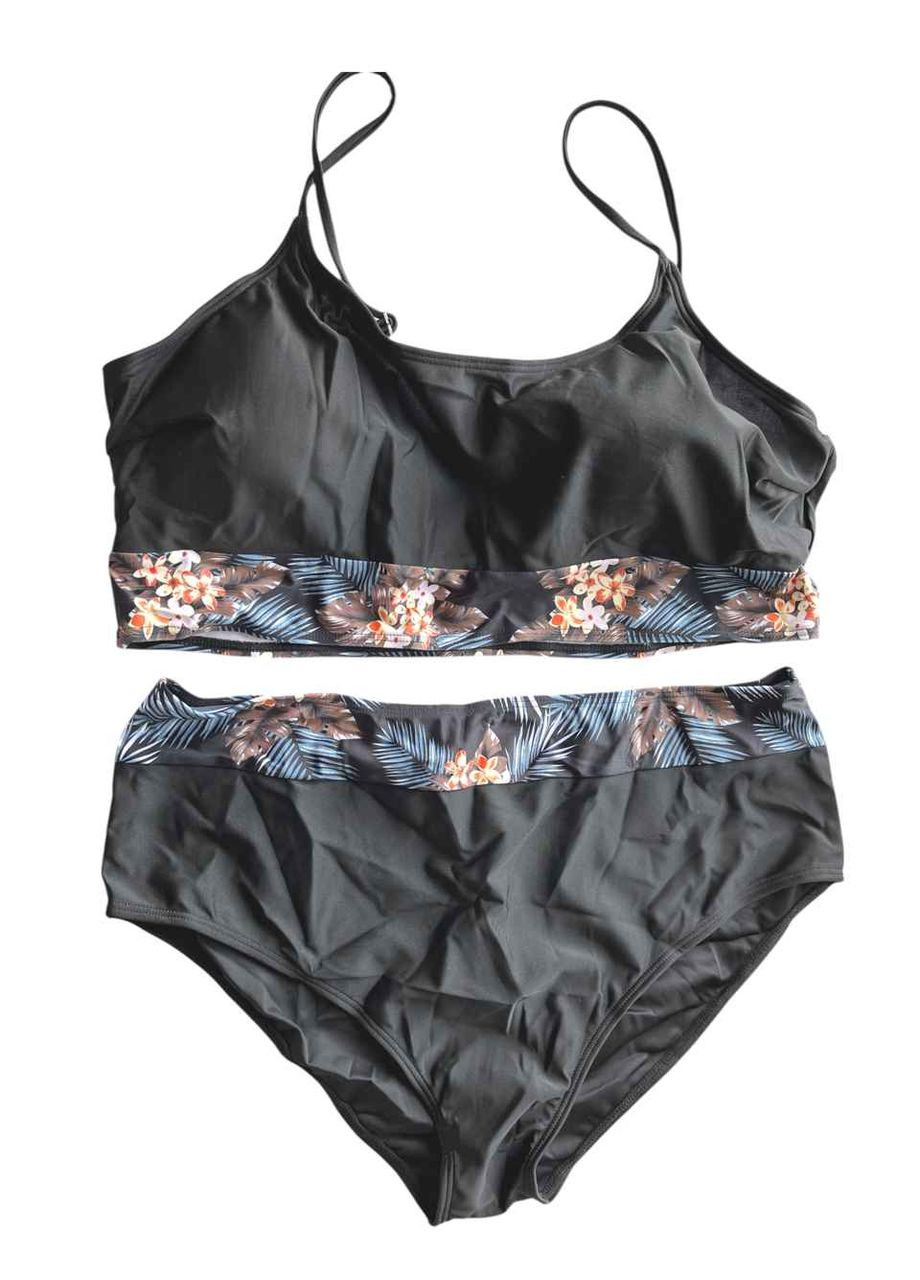 Темно-серый летний женский купальник раздельный черный с туникой-халатом тропический принт раздельный No Brand 4413