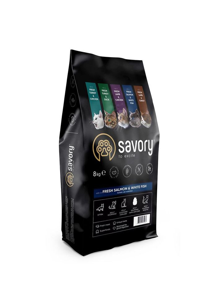 Сухой корм для длинношерстных кошек со свежим лососем и белой рыбой 8 кг (4820232630037) Savory (308752745)