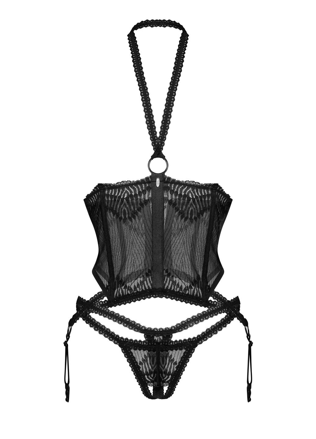 Чорний демісезонний корсет з відкритим верхом та трусиками alliane corset Obsessive