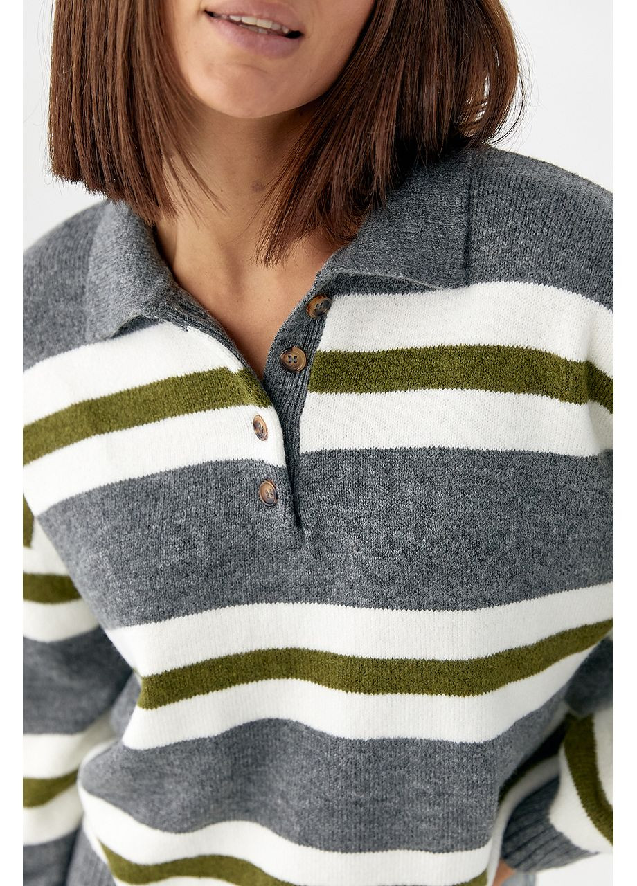 Сірий демісезонний в'язаний светр-поло у смужку No Brand