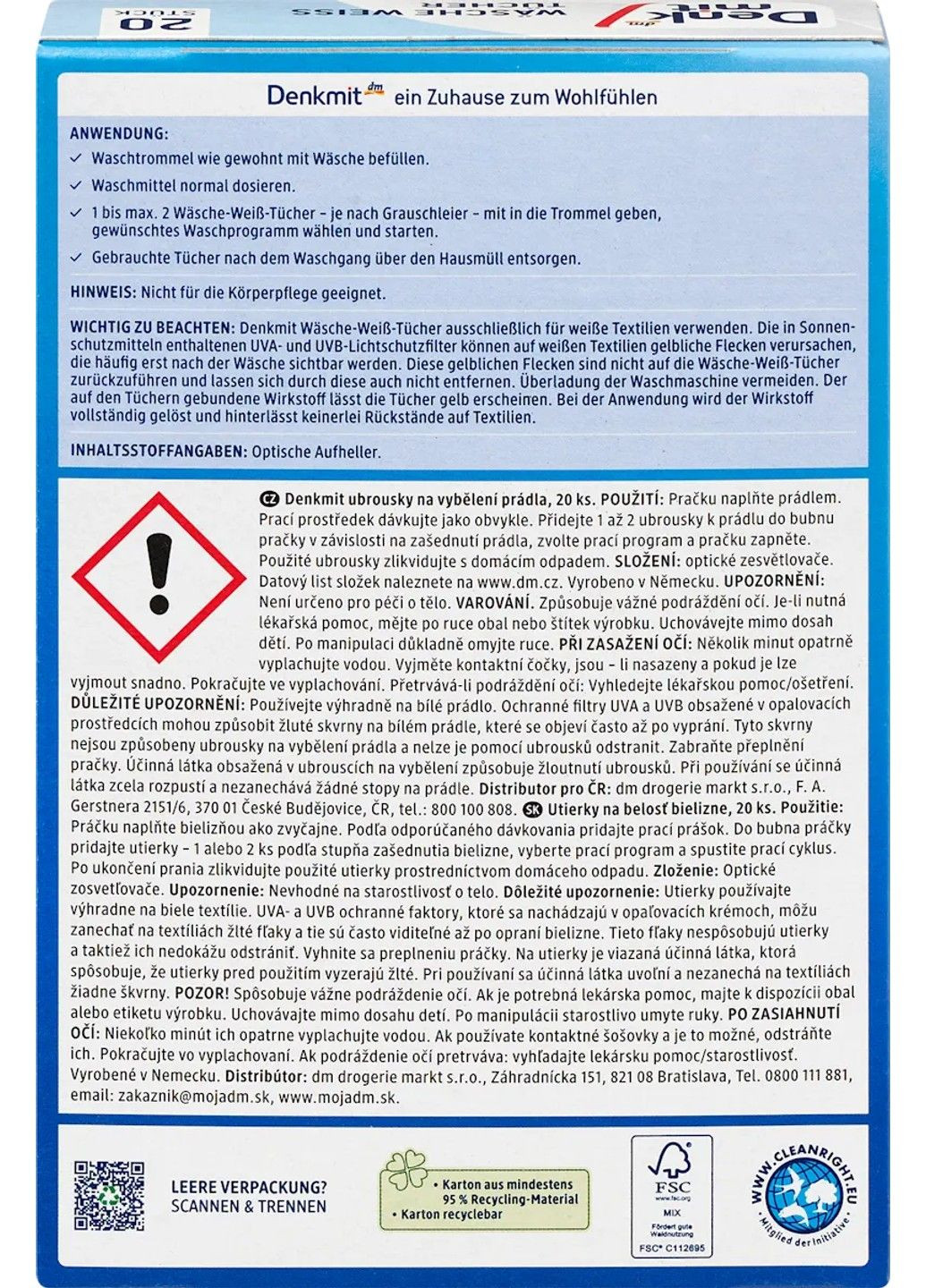 Серветки для відновлення білого кольору Wäsche-Weiss-Tücher 20шт Denkmit (360801905)