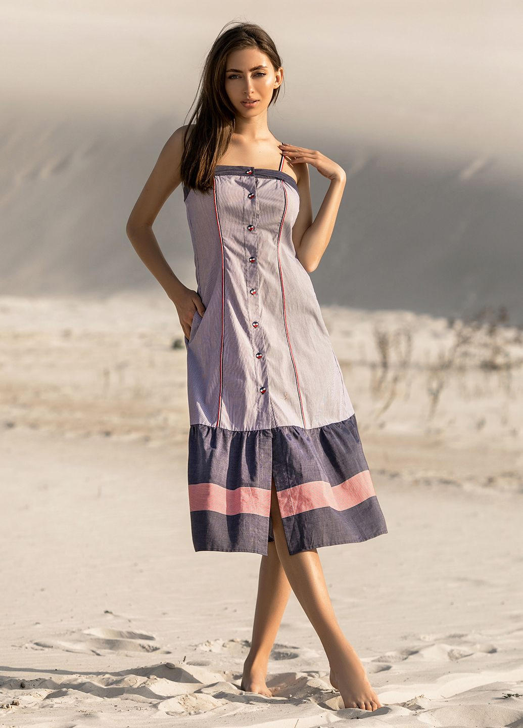 Комбинированное кэжуал летнее платье длины миди в полоску. ORA в полоску