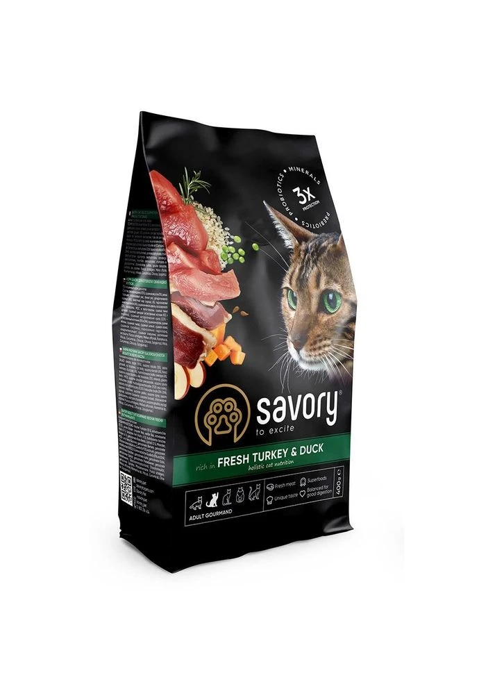 Корм сухий Adult Cat Gourmand Fresh Turkey and Duck для дорослих котів зі свіжою індичкою і качкою 400 г Savory (386995083)