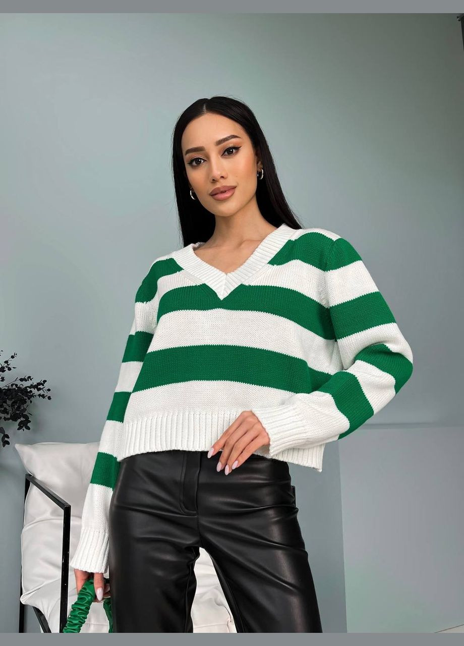 Женский свитер с V-образным вырезом цвет молочный-зеленый р.42/46 432195 New Trend (285711069)