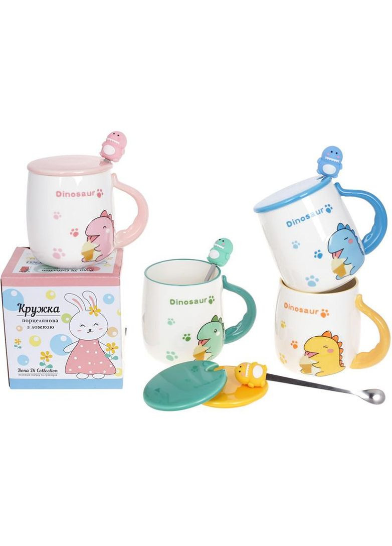 Кружка фарфоровая Dinosaur 430мл с крышкой и ложкой для чая и кофе с рисунком динозаврика Bona (368988206)