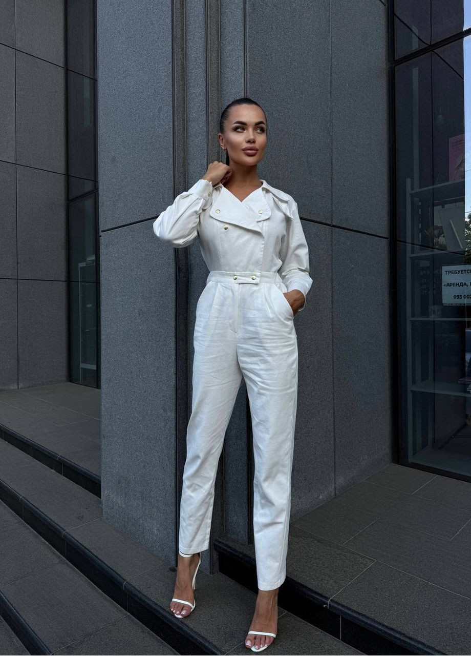 Роскошный комбинезон🌹 Україна комбинезон-брюки однотонный молочный праздничный, деловой, повседневный, кэжуал джинс