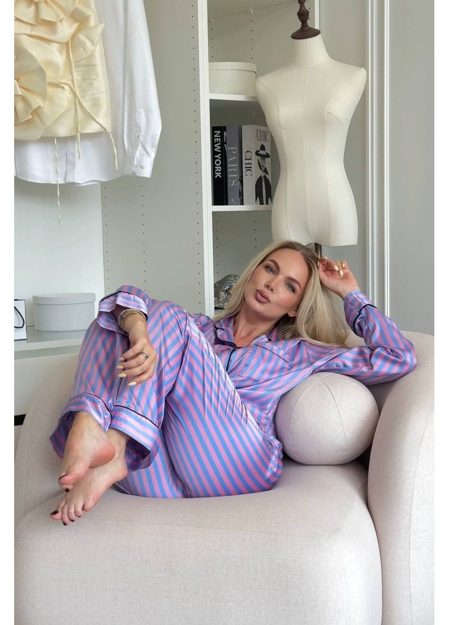 Блакитна всесезон жіноча піжама в смужку з довгими рукавами та штанами сорочка + брюки Україна