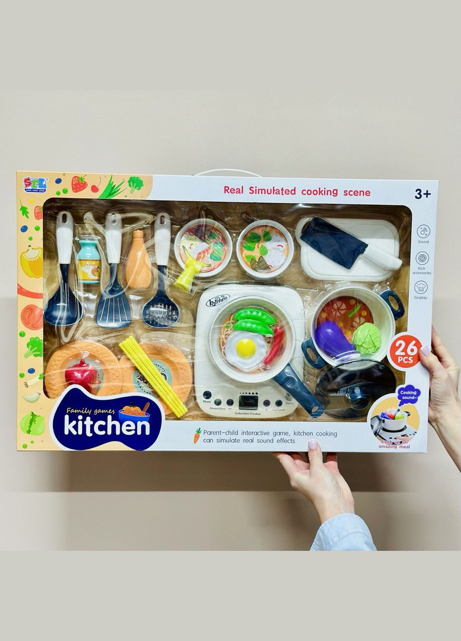 Дитячий ігровий набір посуду 16858 26 предметів плита пар, кухонний набір, продукти, музика, світло Fun Game (327216214)