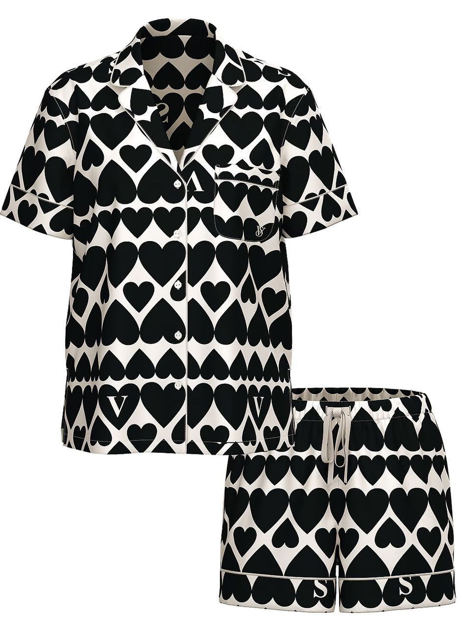 Черно-белая всесезон пижама женская glazed satin short pajama set сатиновая черно-белый рубашка + шорты Victoria's Secret