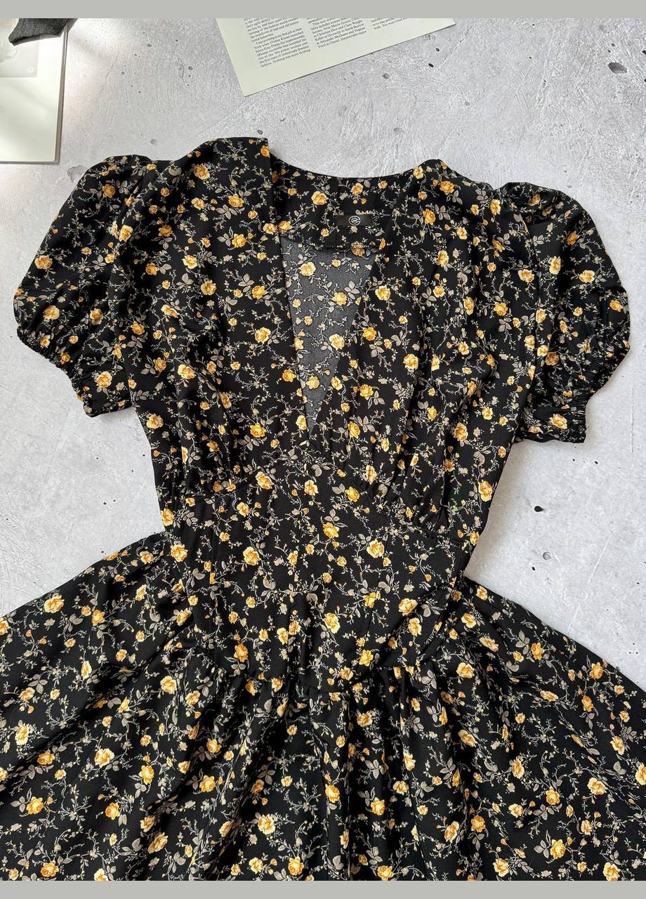 Чорна жіноча сукня з імітацією корсета, квітковий принт No Brand з квітковим принтом