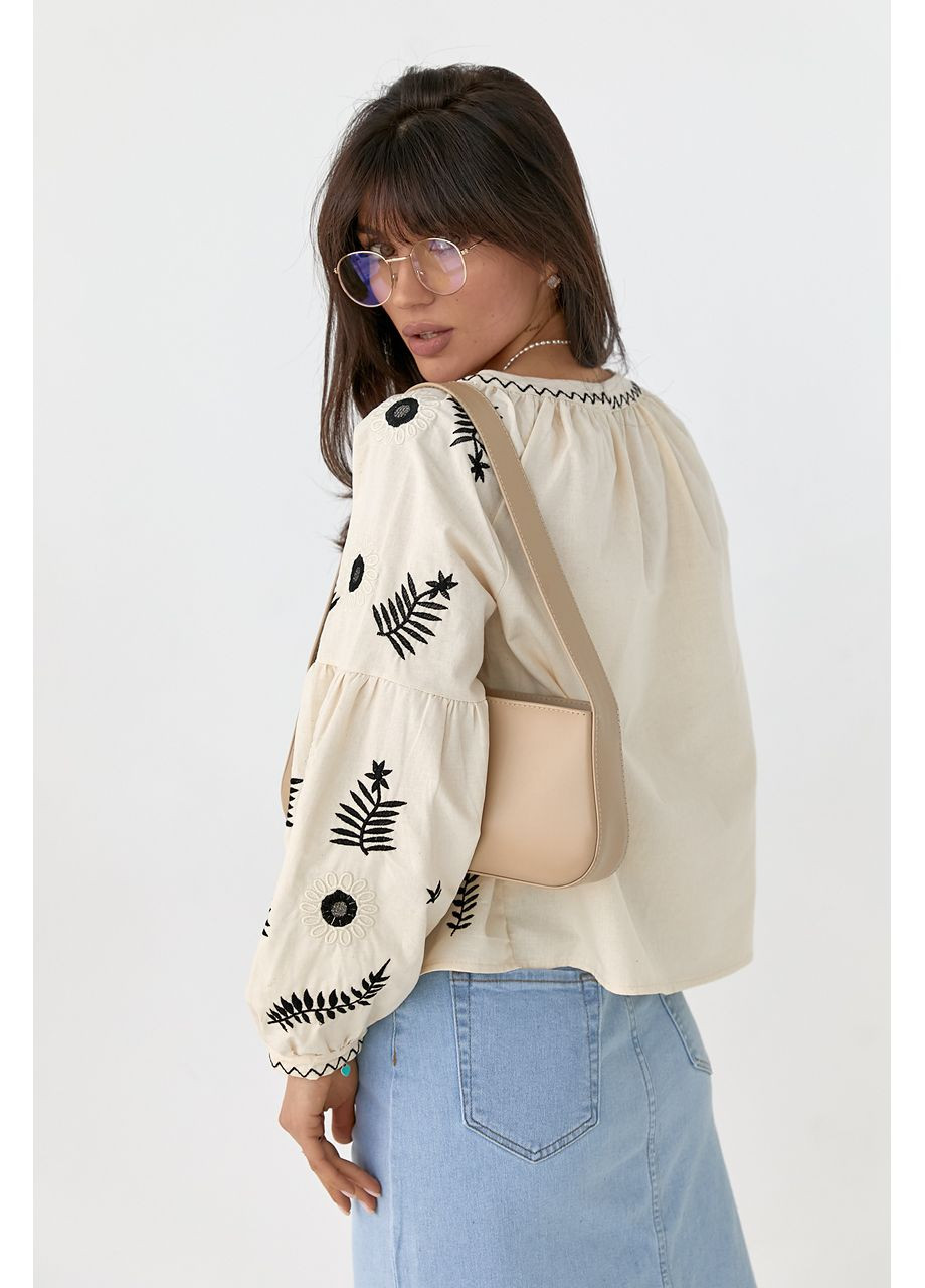 Бежевая хлопковая вышиванка-накидка с завязками ESQ свободная хлопок (354699918)