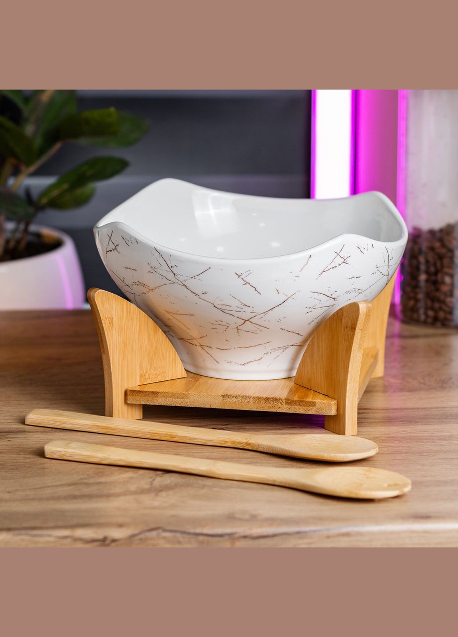 Салатник із дерев'яними ложками 22×22 см тарілка для салату біла на дерев'яній підставці SMS_lu Yiwu (322340300)