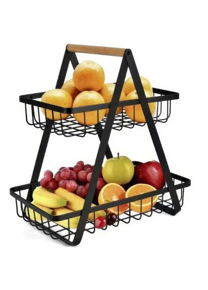 Двоярусна металева фруктівниця з дерев'яною ручкою, розбірний залізний кошик для фруктів. No Brand (357209676)
