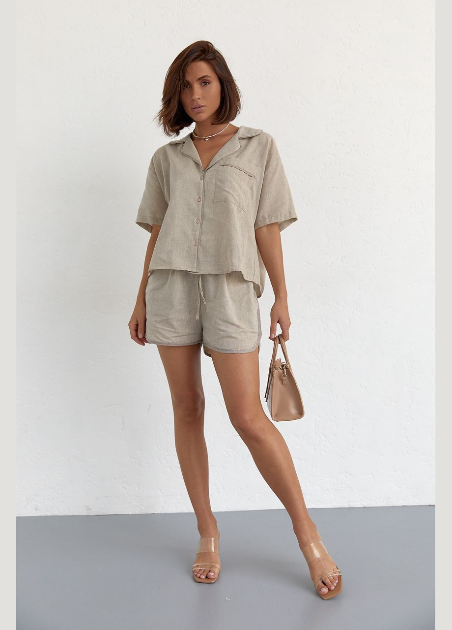 Літній костюм із шортами на зав'язках та сорочкою бежевий колір M (ClickBuy) No Brand (326741990)