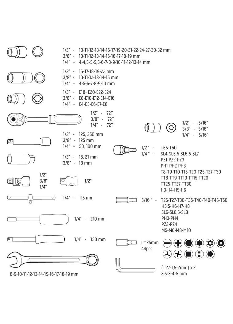 Набор инструментов (1/2", 3/8", 1/4", 219 предметов) торцевые головки с трещоткой (23923) Neo Tools (271960925)