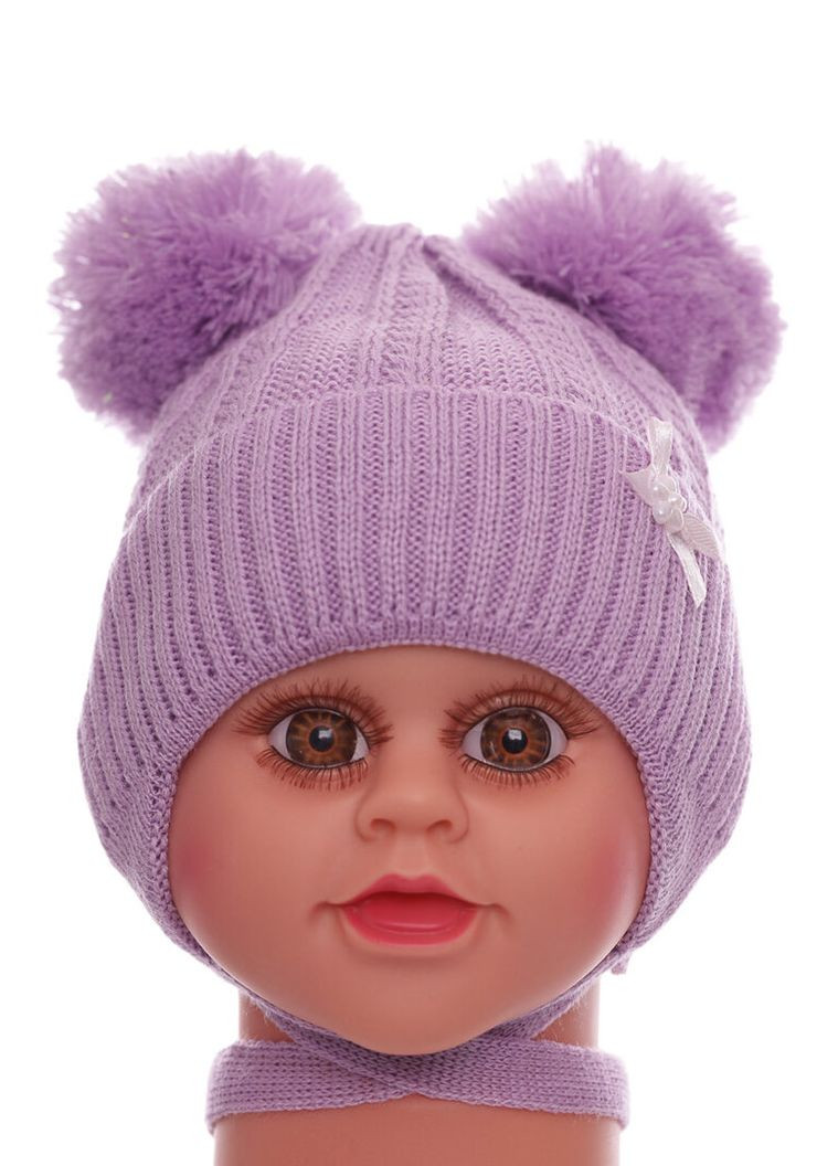 Шапка с бубонами вязкая на трикотаже для девочки с бантиком фиолетовая 1м+ (50254) BABYKROHA (323469508)