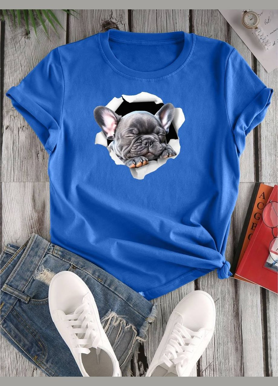 Синяя всесезон качественная синяя однотонная oversize футболка из турецкого кулира с 3d накатом, футболка с принтом мопса в размере 42-46 No Brand 512-3