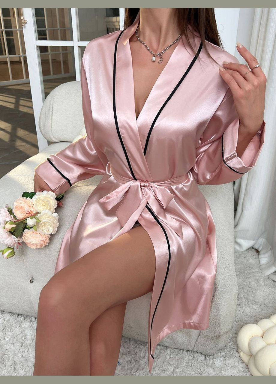 Женский атласный халат Diana с контрастным кантом цвет черный No Brand Діана (316093655)