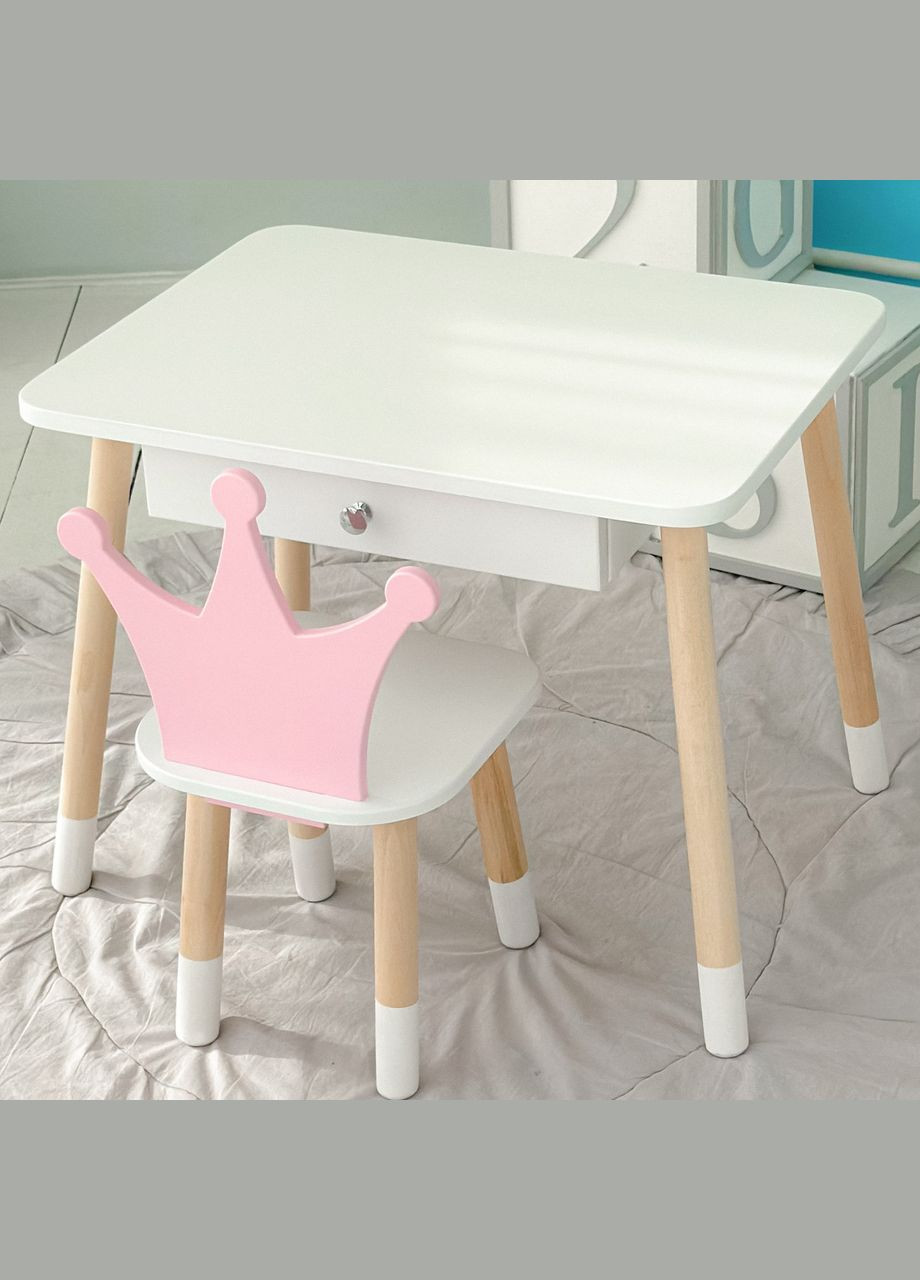 Дитячий столик білий і стільчик корона біло-рожевий. Столик із шухлядою для олівців і розмальовок 56787 No Brand (335039698)
