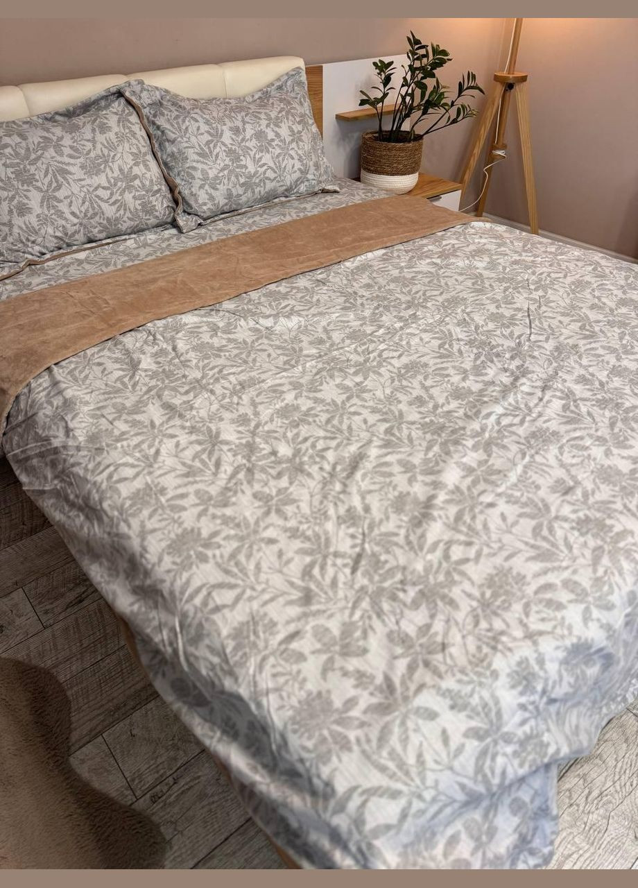 Постельное белье велюр Фланелева Евро 200х230 наволочка 50х70 2шт Серый с коричневым (П4К-al-vel-flanel-008-01) No Brand (348095370)