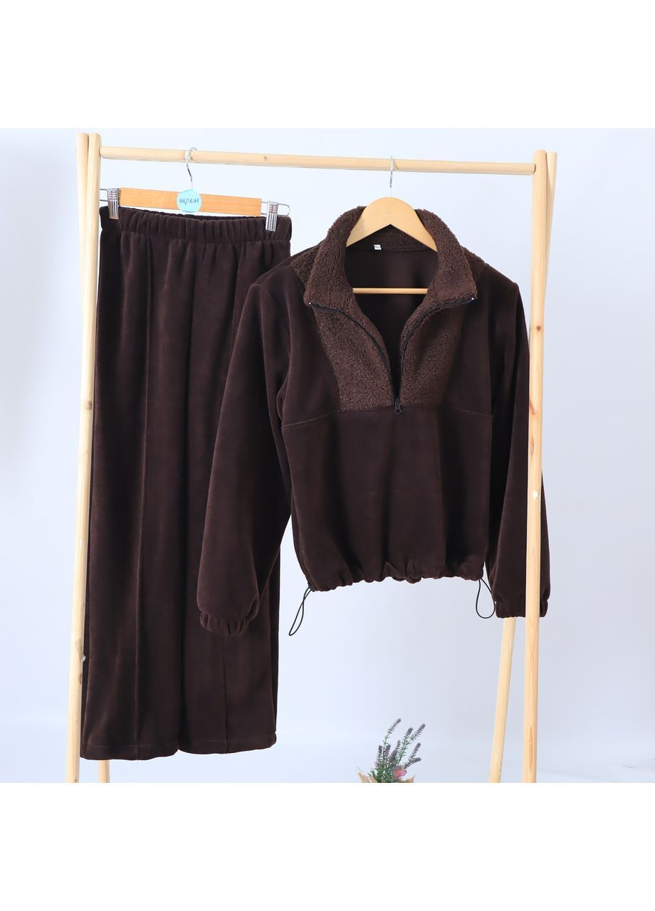 Жіночий теплий костюм із полотру флісу на затяжках (толстовка з тедді + штани) Шоколад No Brand (365250599)