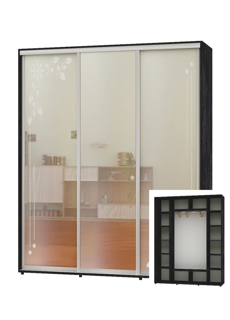 Шафа-купе тридверна 200*60*250 Бетон темний 2 Дзеркала з піскострумним малюнком/Дзеркало ШК-05 Алекса (360430934)
