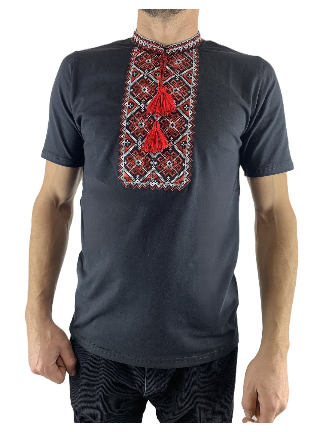 Чорна чоловіча вишита футболка вишиванка чорна з червоним орнаментом НоКо візерунок орнамент вільна, пряма бавовна, еластан (314510363)