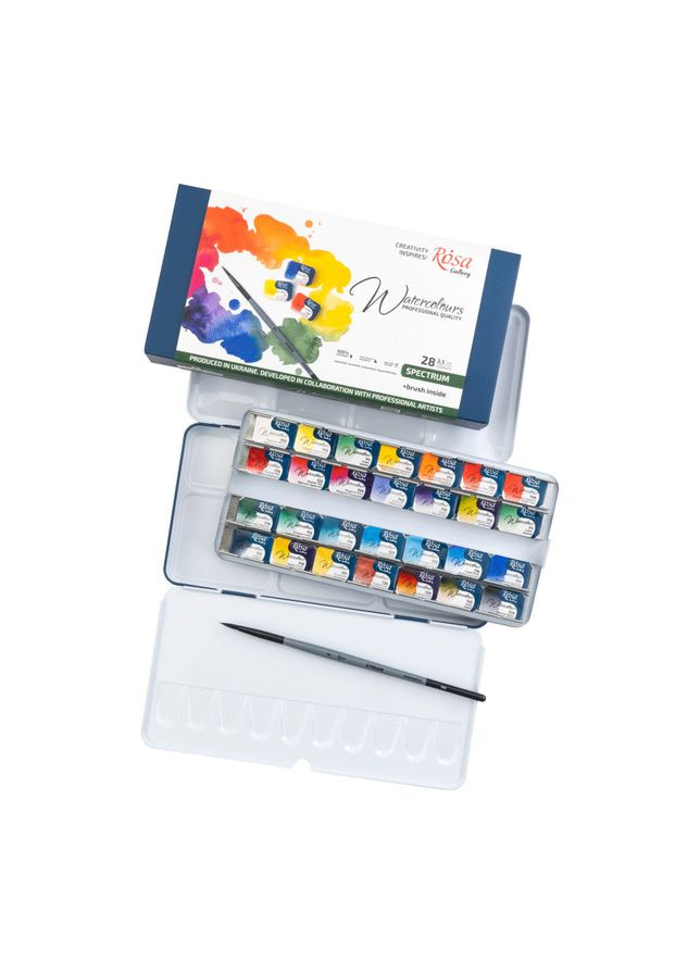 Набор акварельных красок Gallery Spectrum 28 цветов кювета + кисть металлический пенал (3403425) Rosa (362567985)