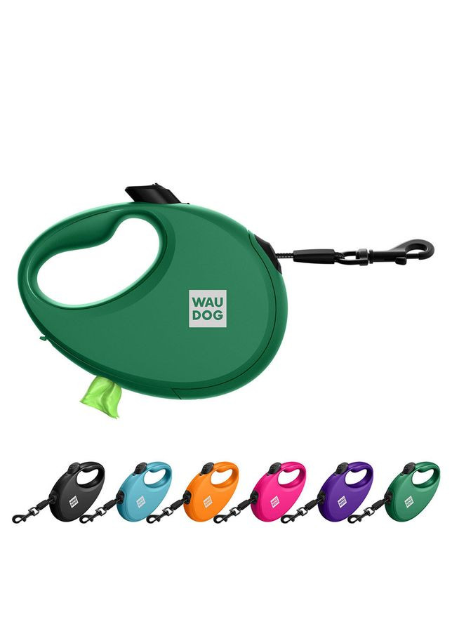Повідець-рулетка для собак WAUDOG R-leash з контейнером для пакетів, світловідбивна стрічка,, до 12 кг, 3 м, зелений No Brand (363200373)
