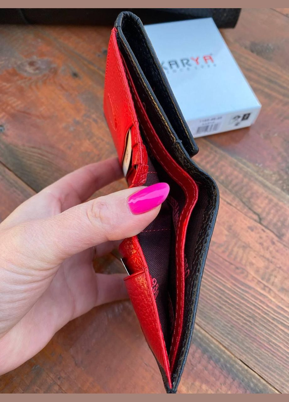 Кошелек женский на магните натуральная кожа Турция европейская монетница на кнопке черный с красным внутри Karya (341323133)