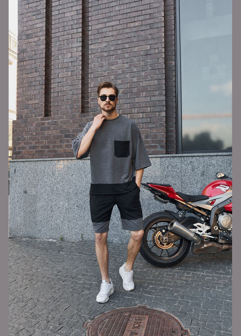 Темно-сірий літній комплект чоловічий оверсайз (шорти+футболка) No Brand комплект