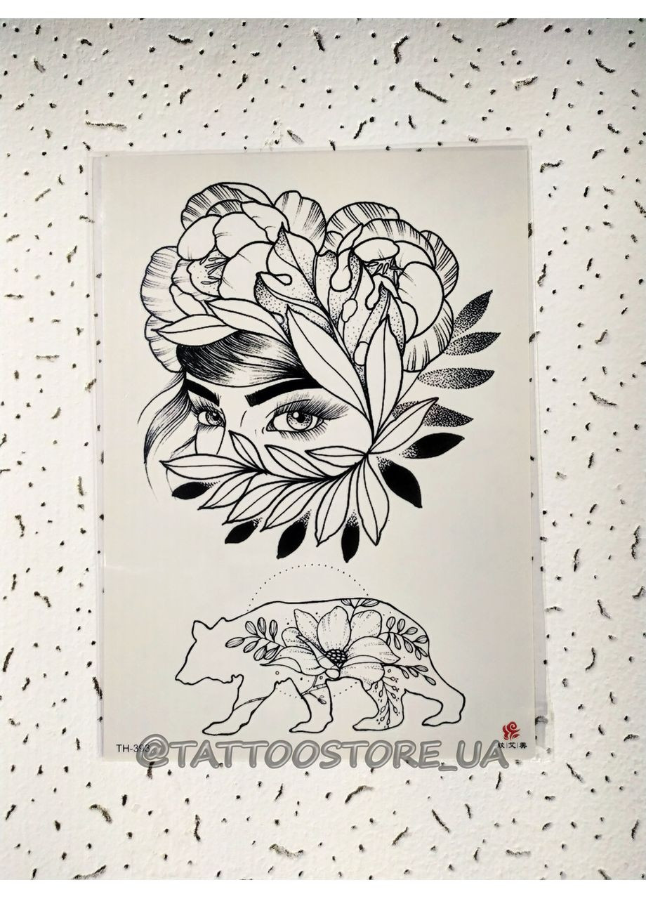 Временное тату Девушка в цветах 21х15 см, Fine Line, контурные (TH393) Tattoo (366890990)