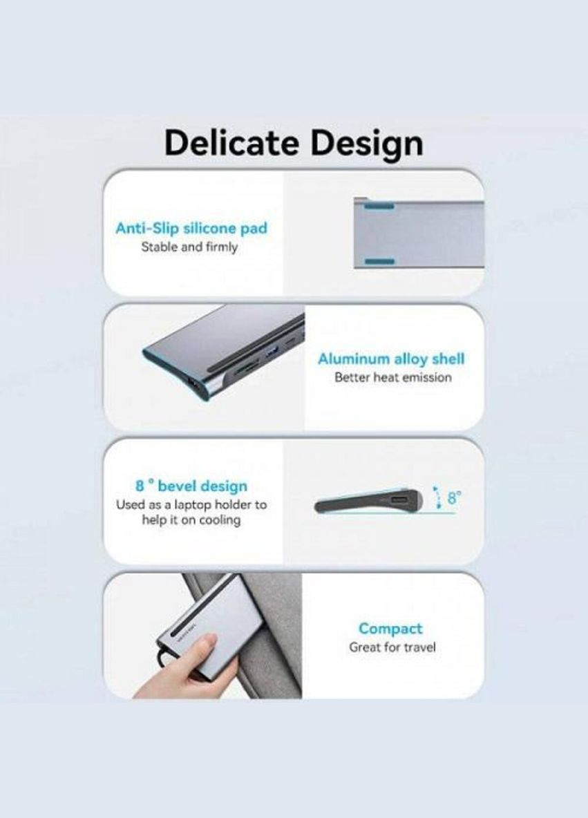 USB-хаб USB-C to HDMI/VGA/USB-C Gen 1/USB 3.0x2/USB 2.0/RJ45/SD/TF/TRRS 3.5mm/PD Docking Station 0.25m Vention Multi-function (340277708)