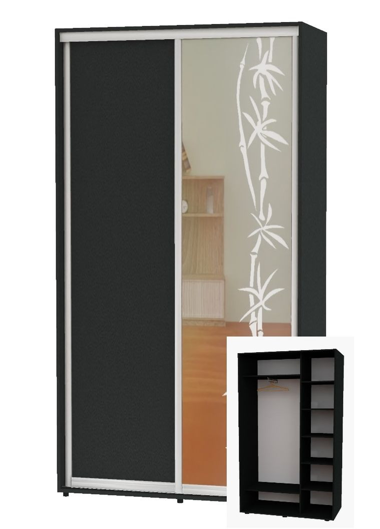 Шкаф-купе двухдверный 160*45*220 Антрацит ДСП/Зеркало с пескоструйным рисунком Алекса (360438753)