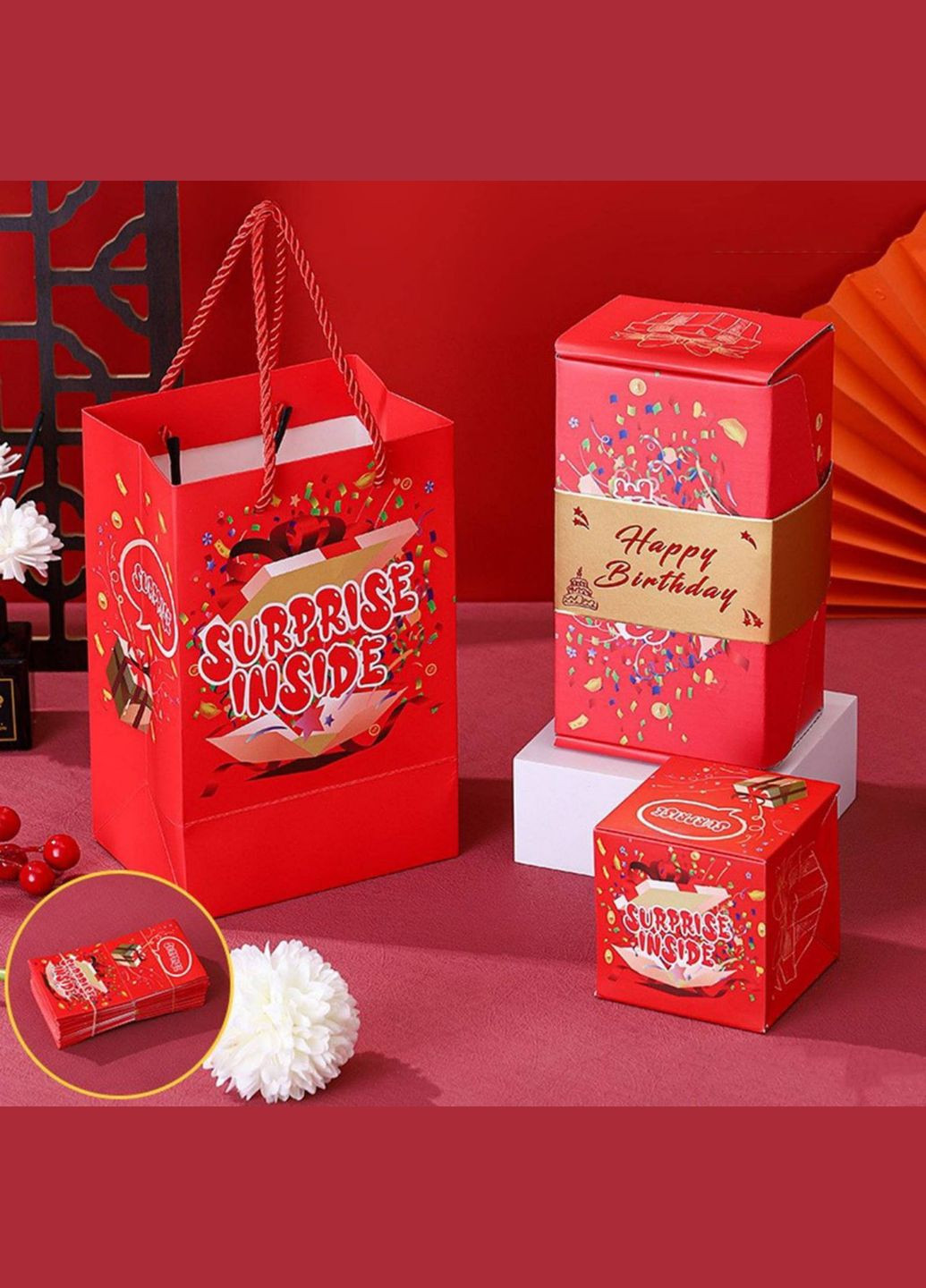 Подарунковий святковий набір сюрприз комплект пакет коробка з вилітаючими кубиками картками 20шт. рожевий No Brand Вітальний набір (317590261)