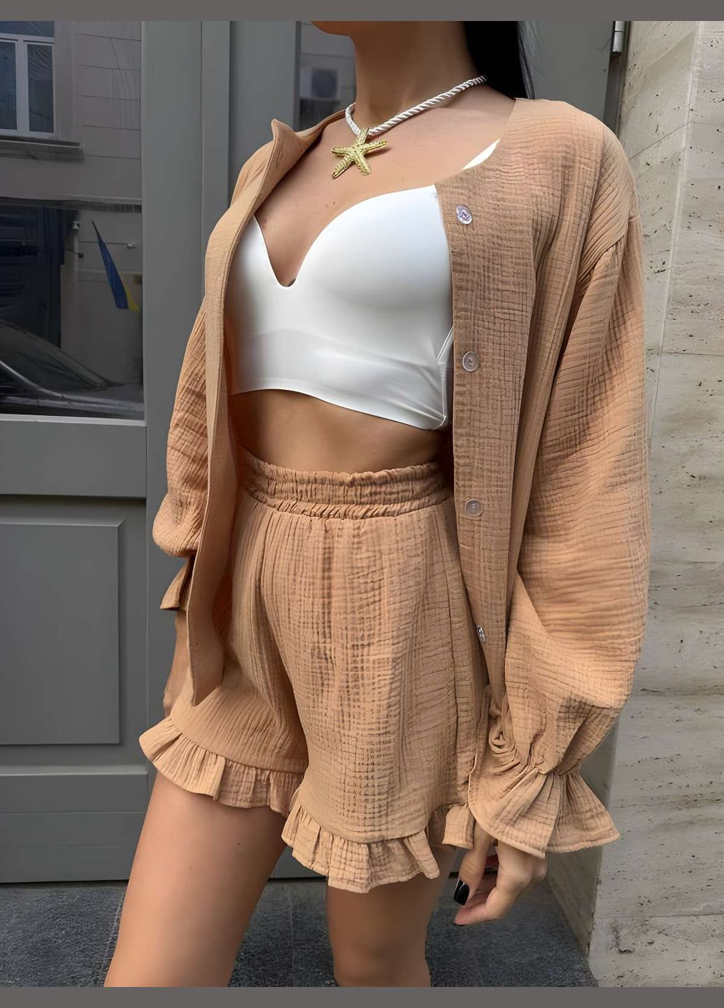 Женский летний костюм муслиновый костюм рубашка и шортики темно-бежевый No Brand (333143173)