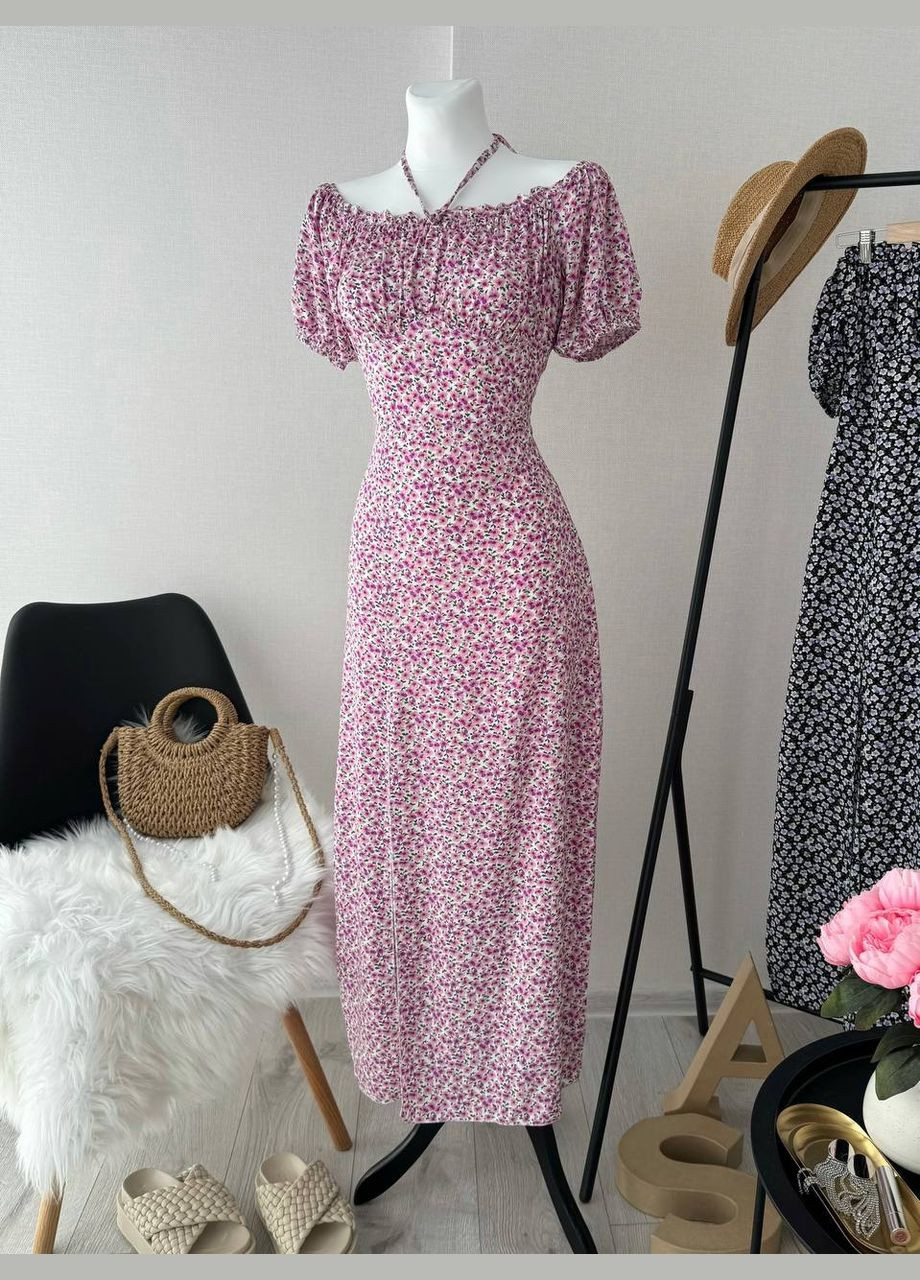 Рожева повсякденний літня сукня з принтом довжини міді MonCher з квітковим принтом